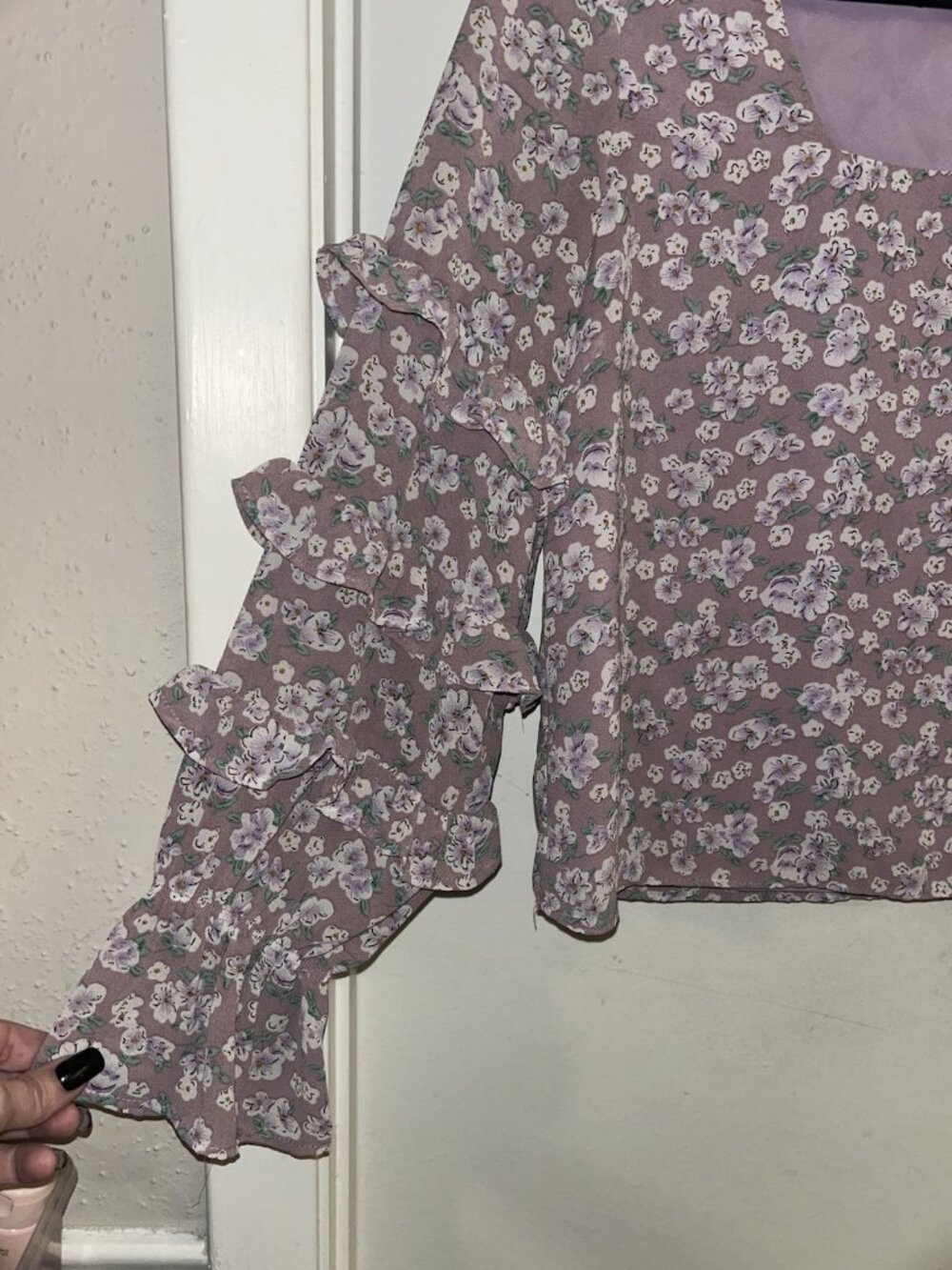 Sugarlips Purple Floral Ruffle Puff Sleeve Boho Cottage Chic Preppy Blouse Small - Picture 3 of 7